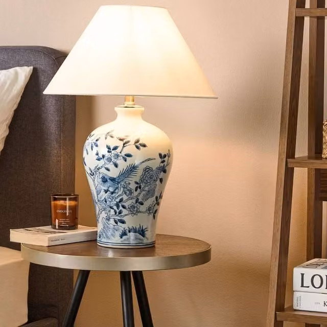 Wyld and Coco White and Blue Ceramic Bedside Lamp with Fabric Shade, Height: 55 cm