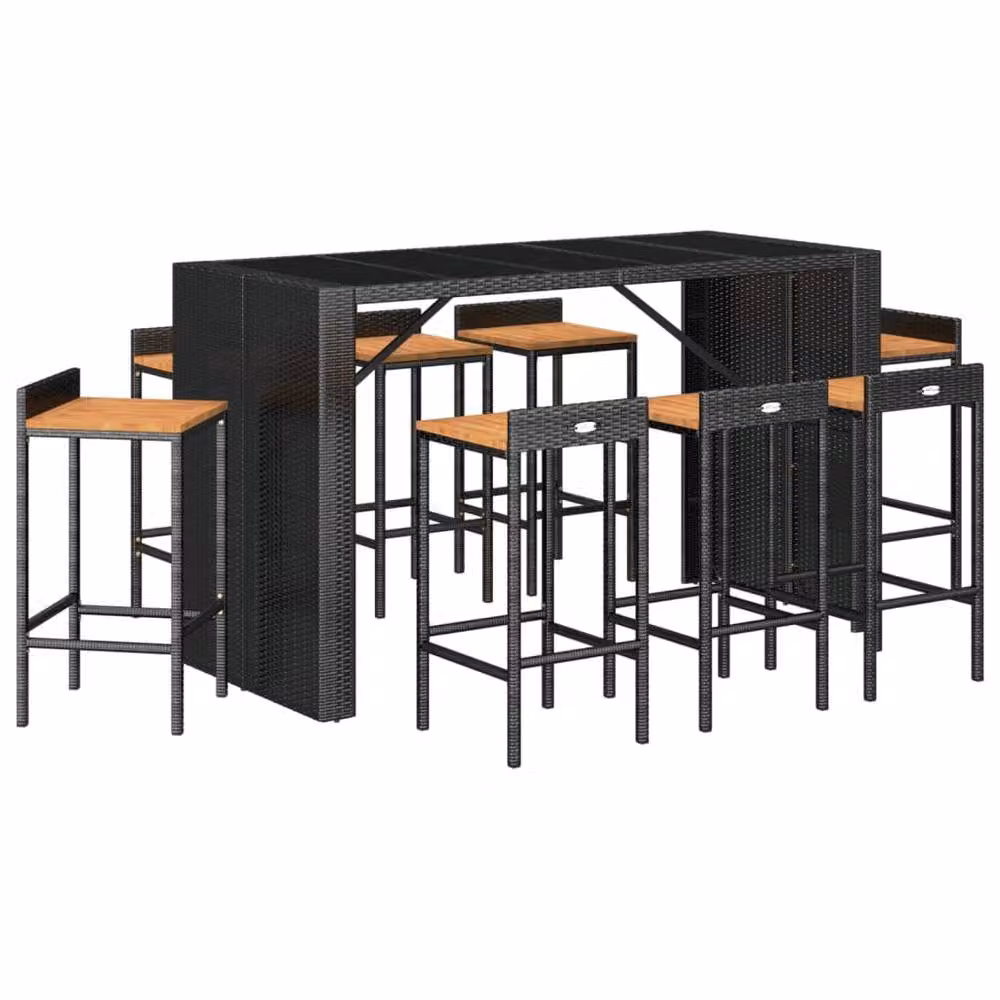 Berkfield Home 9 Piece Black Poly Rattan and Solid Acacia Wood Garden Bar Set – 3