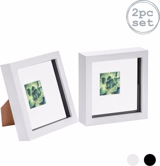 Nicola Spring Pack of 2 White 3D Box Photo Frames, Square Tabletop Design, W/H: 15.24 x 15.24 cm