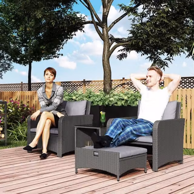 Outsunny 5 Piece Modern Rattan Garden Furniture Set with Ottomans in Grey
