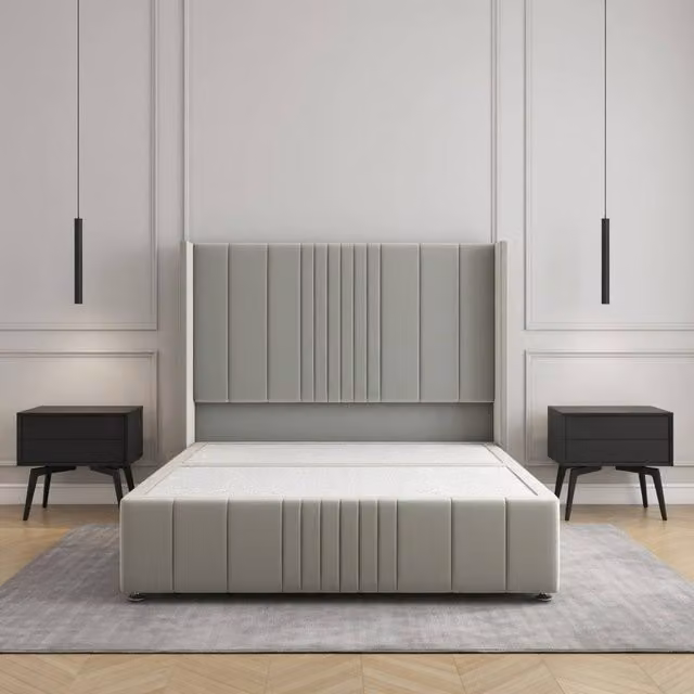 Regional Furnishings Silver Velvet Upholstered King Size Divan Bed with 54 inch Headboard and 12 inch Footboard, W/D/H: 180 x 200 cm