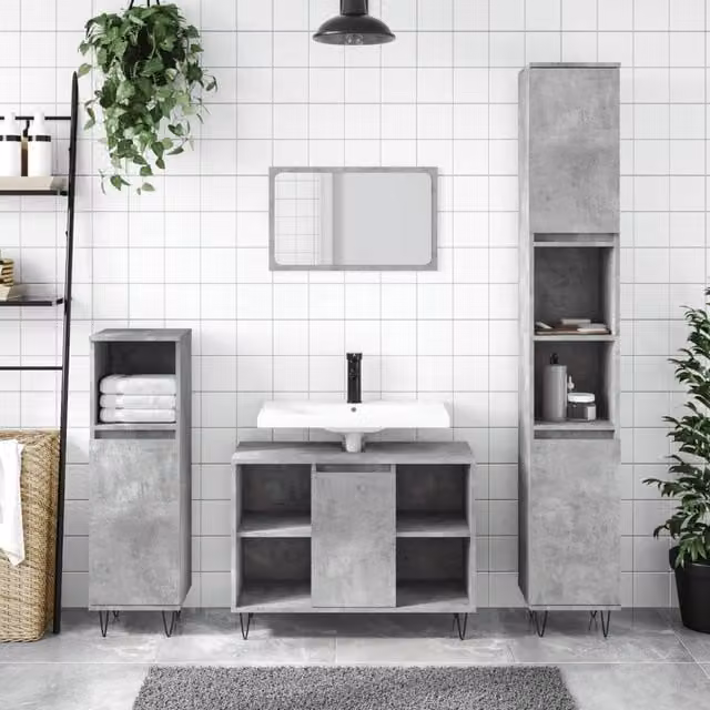 Berkfield Home Concrete Grey Bathroom Cabinet with Hinged Doors and Open Shelf, W/D/H: 30 x 30 x 100 cm