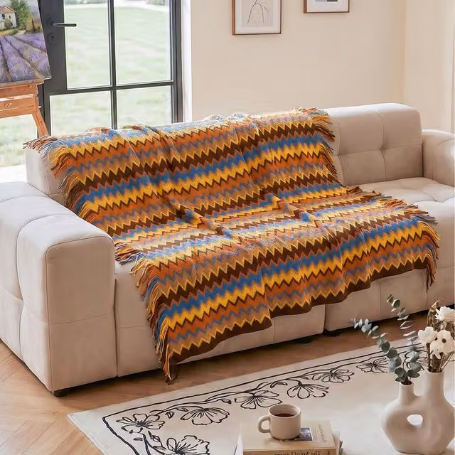 Livingandhome Brown and Multicolour Striped Boho Knitted Throw Blanket with Fringes