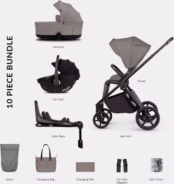 Venicci Claro2 4in1 Luxury Pushchair Bundle with Tiago Car Seat, 10 Piece Set in Grey