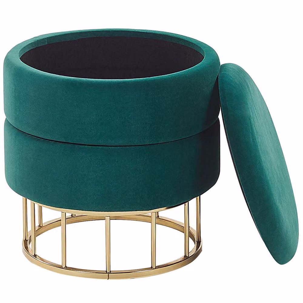 Wyld and Coco Dark Green Velvet Cylindrical Storage Pouffe with Gold Metal Base – 3