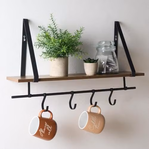 OHS Modern Wooden Wall Mounted Display Shelf with Hooks, W/D/H: 65 x 60 x 15 cm