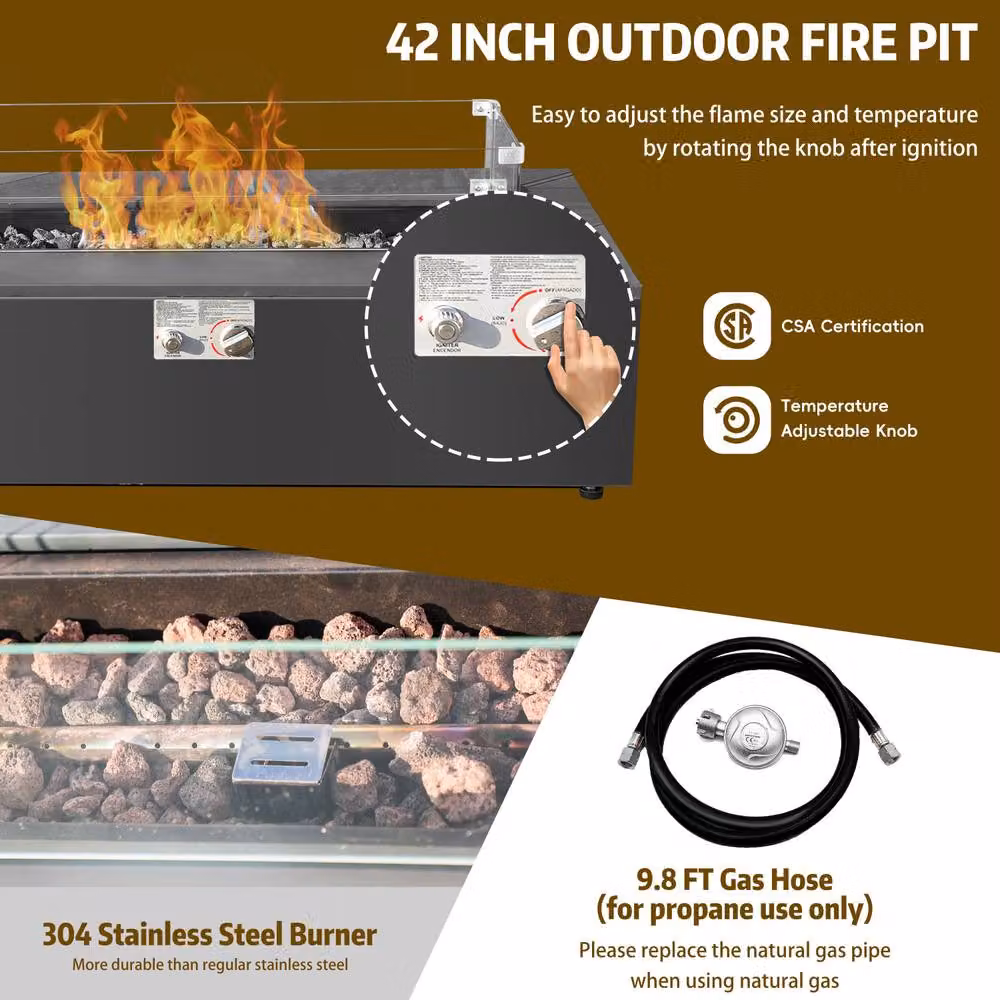 MIMO Outdoor Rectangular Gas Fire Pit Table with Multi-Use Side Table in Grey – 3