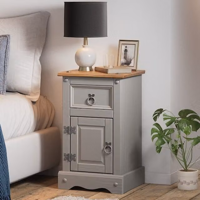Mercers Furniture Corona Grey Pine Wood Bedside Cabinet with 1 Door and 1 Drawer