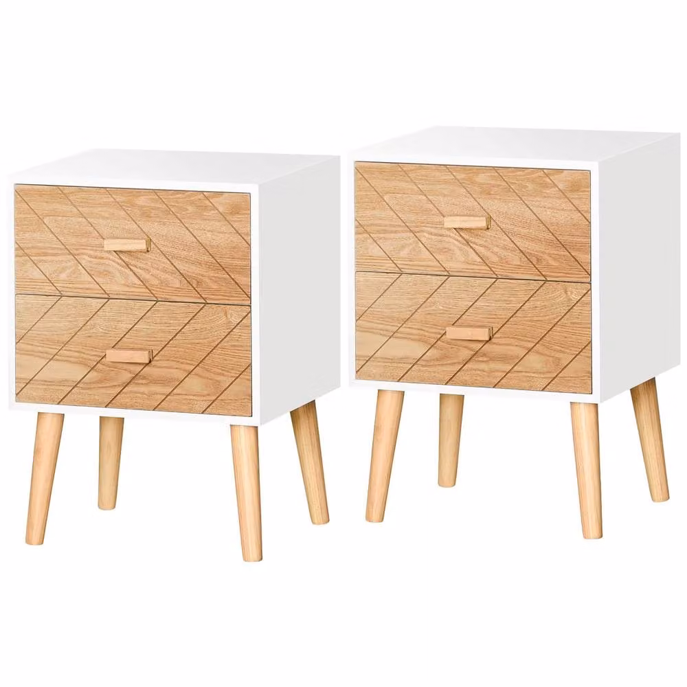 Wyld Haus Elco Set of 2 White Bedside Tables with 2 Drawers and Pine Legs – 2