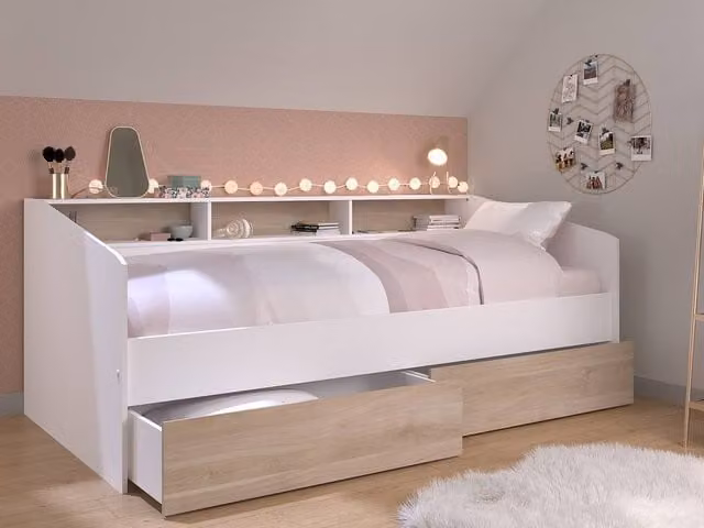 Vente-unique Paulette Single Bed with Storage Drawers in White and Light Oak, W/D/H: 190 x 90 x 112.7 cm