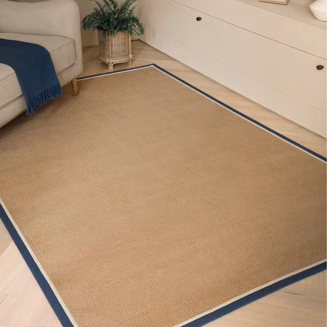 Asiatic Carpets Modern Herringbone Machine Woven Jute and Cotton Area Rug in Blue and Beige, W: 120 cm, L: 170 cm