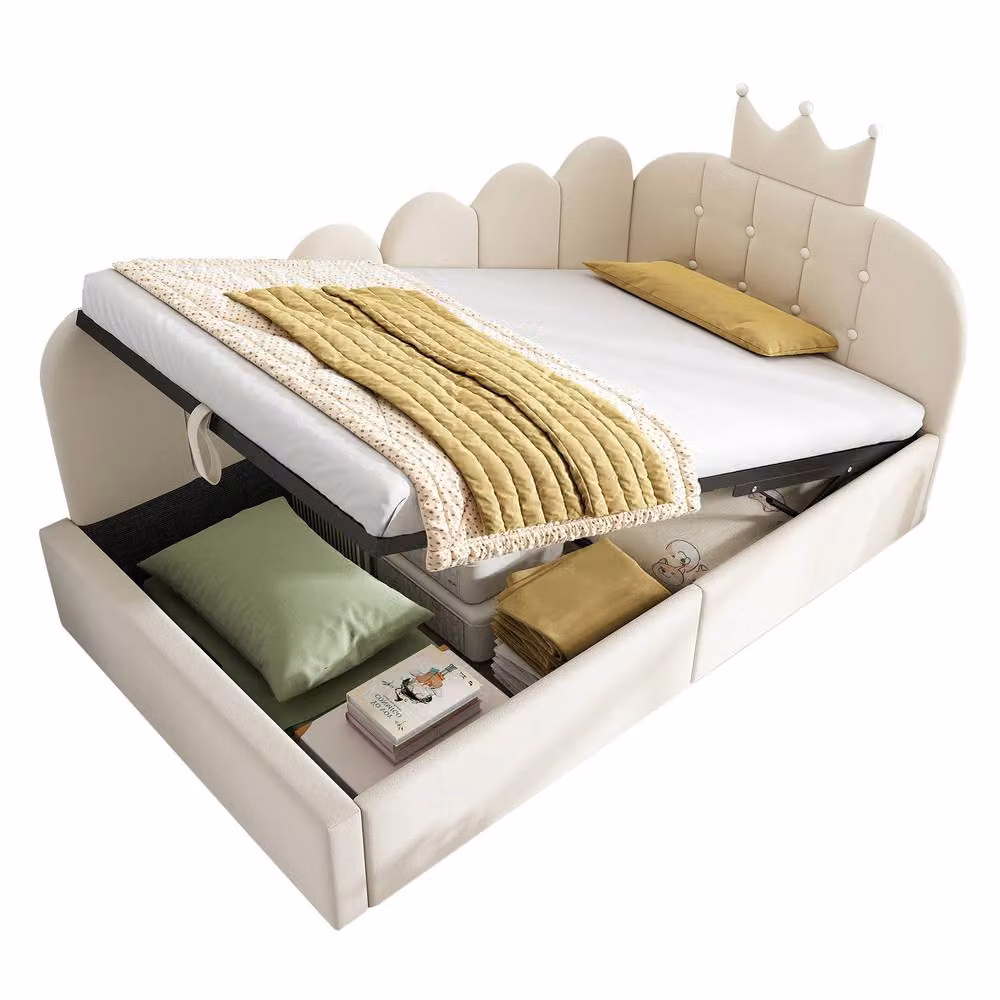 STILVORA Single Day Bed with Hydraulic Lift Storage in Beige Velvet, W/D/H: 90 x 190 cm – 3