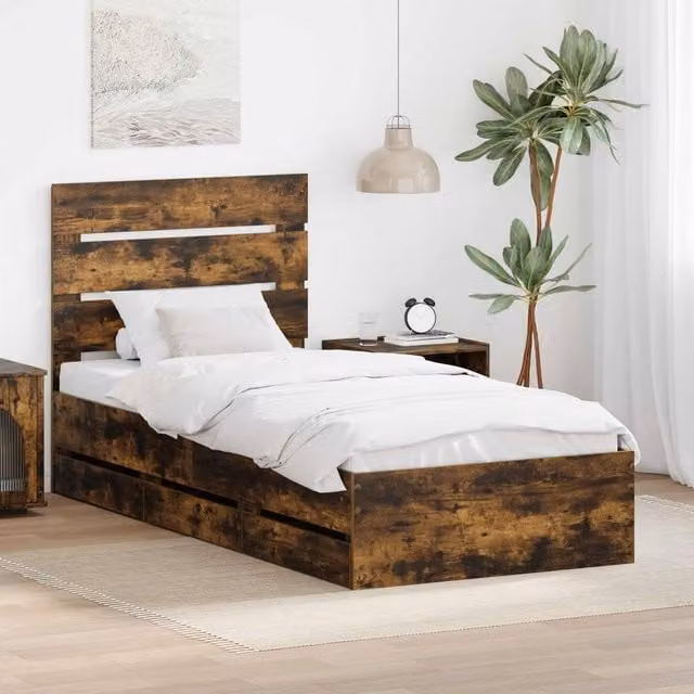 Berkfield Home Modern Bed Frame with Drawers in Smoked Oak Brown, W/D/H: 100 x 200 cm – 1