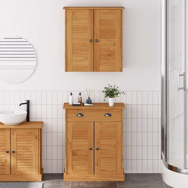 Berkfield Home 2-Piece Brown Solid Pine Wood Bathroom Furniture Set with Drawer, Shelf and Door