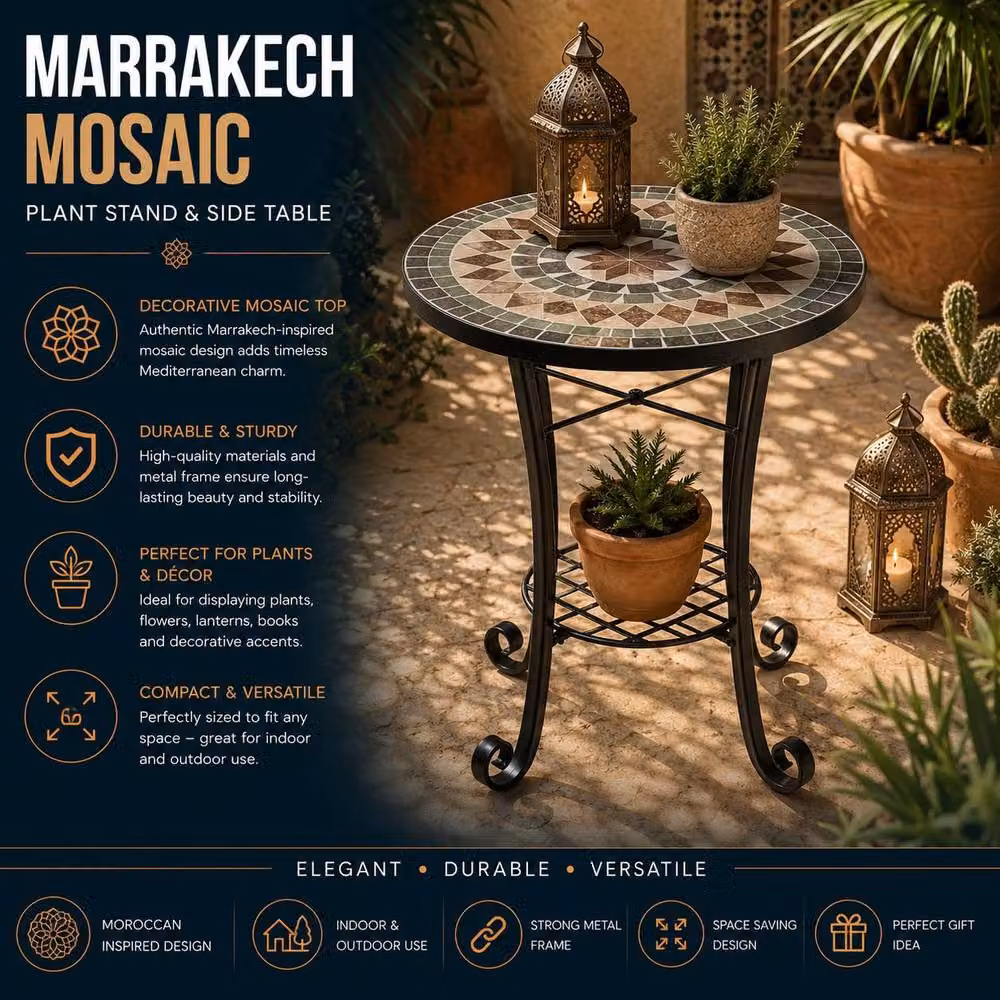 Shatchi Marrakech Moroccan Mosaic Plant Stand Side Table with Multicolour Ceramic Tile Top – 2