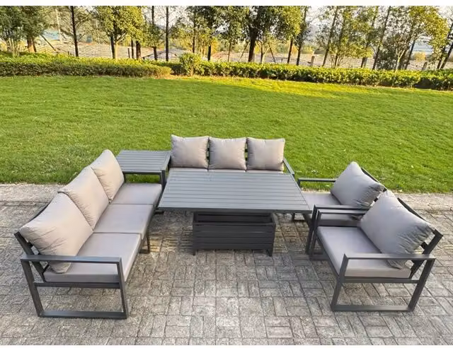 Fimous 8-Seater Aluminum Patio Set with Lifting Table, 2 Chairs and Side Table in Dark Grey – 1