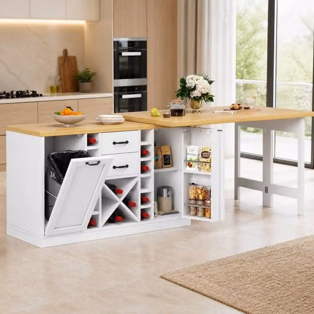 STILVORA Extendable Rectangular Dining Table with Rotating Top and Storage Cabinet, White