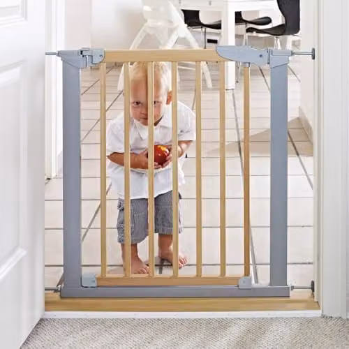 Safetots Beechwood and Metal Pressure Fit Safety Stair Gate, Brown and Silver, Width: 77.5 cm - 84.4 cm – 3