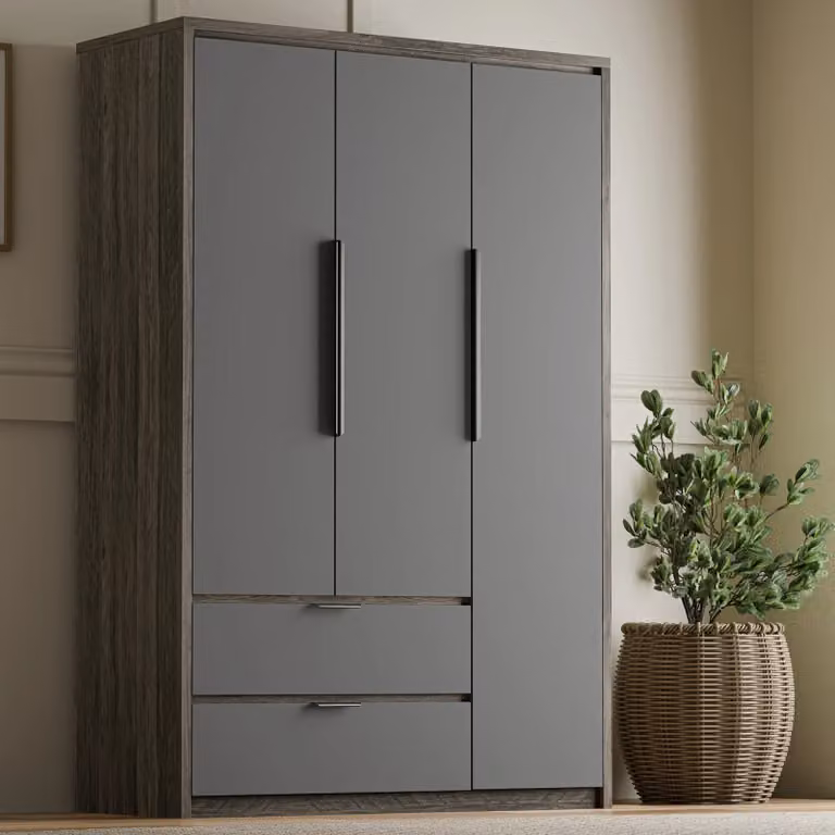 Skova 3 Door Wardrobe with Drawers, Shelves and Clothes Rail in Grey and White