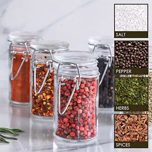 Argon Tableware 6 Pack Glass Spice Jars with Airtight Metal Clip Lids and Chalkboard Stickers, 70ml, Multicolour and Transparent – 2