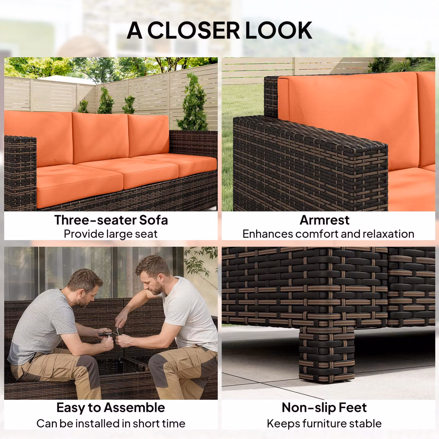 Outsunny 3 Seater Rattan Sofa with Orange Fire Resistant Cushions and Powder Coated Steel Frame – 6