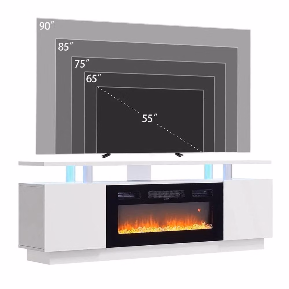 FORGEVIO Modern White Glossy Living Room TV Stand Unit with Integrated Electric Fireplace – 2
