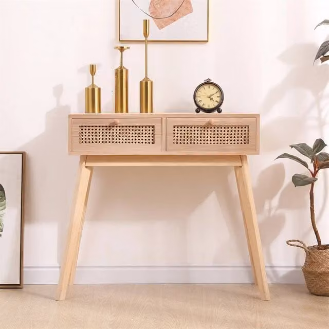 FORGEVIO 2 Drawer Console Table and Bedroom Makeup Vanity Desk in Natural Brown and Beige, W/D/H: 77.5 x 40 x 90 cm