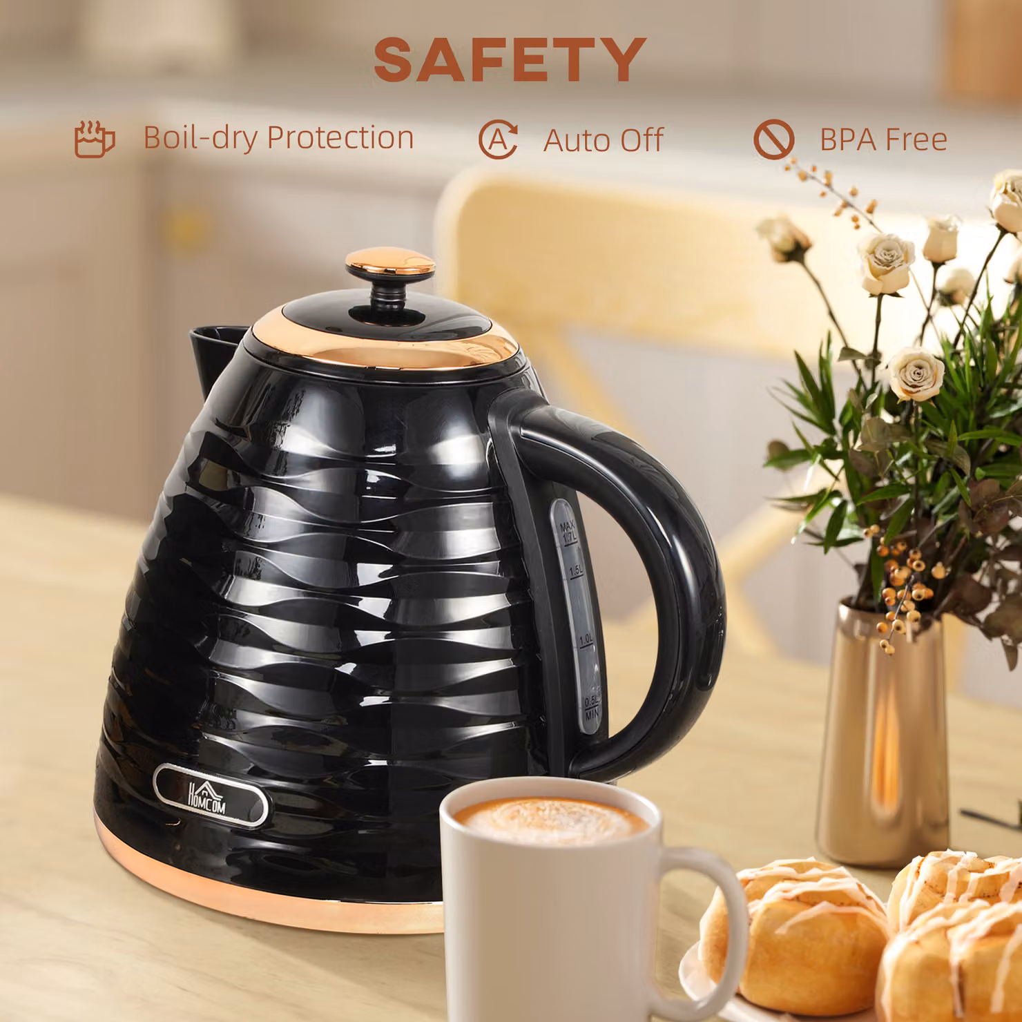 HOMCOM Electric Kettle, 1.7 l, Black with Removable Anti-scale Filter and Auto Shut-off – 5