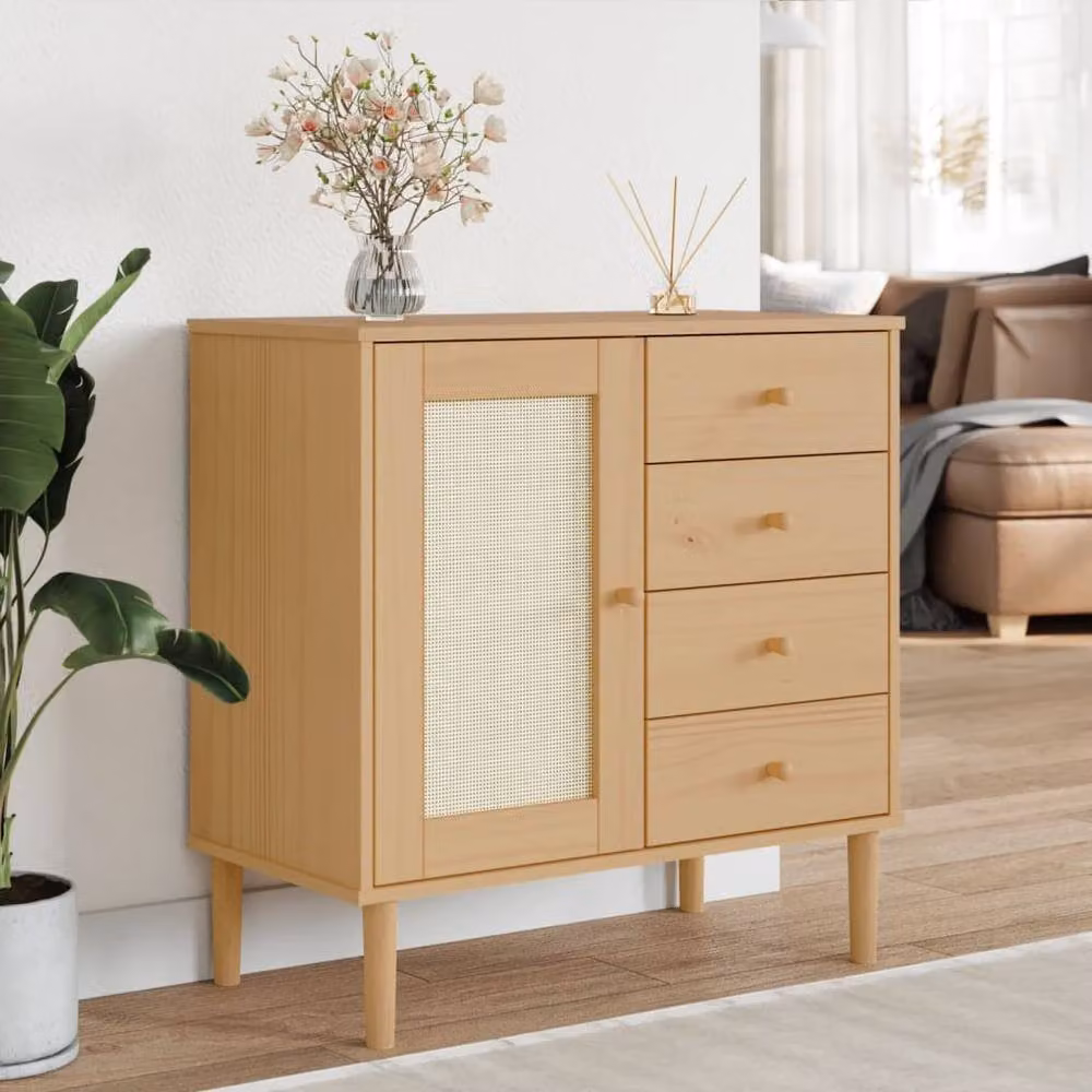 Berkfield Home SENJA Sideboard in Light Brown Solid Pine with Rattan Look, W/D/H: 80 x 40 x 80 cm – 2