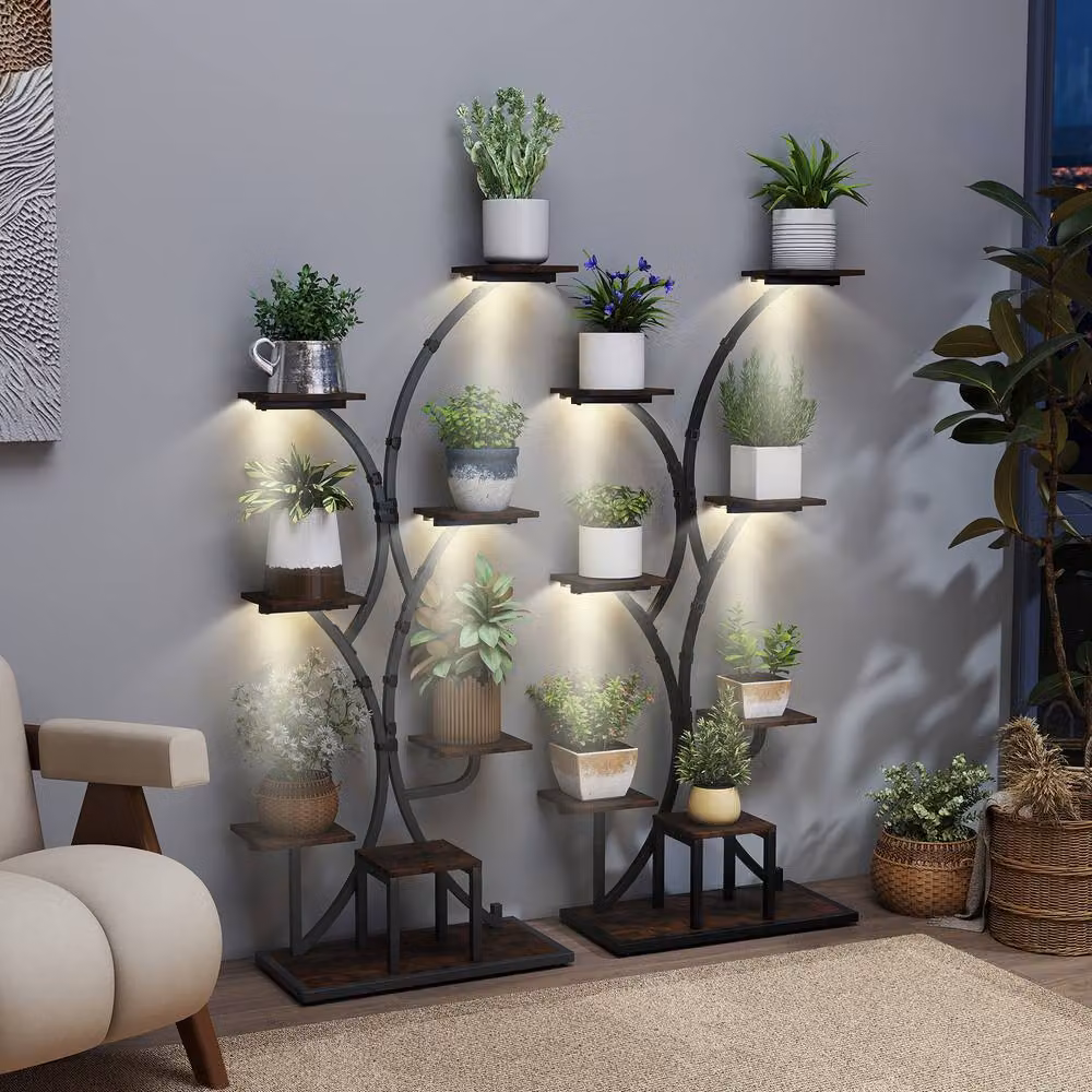 Gymax 8-Tier Metal Indoor Plant Stand with Grow Lights in Brown – 3