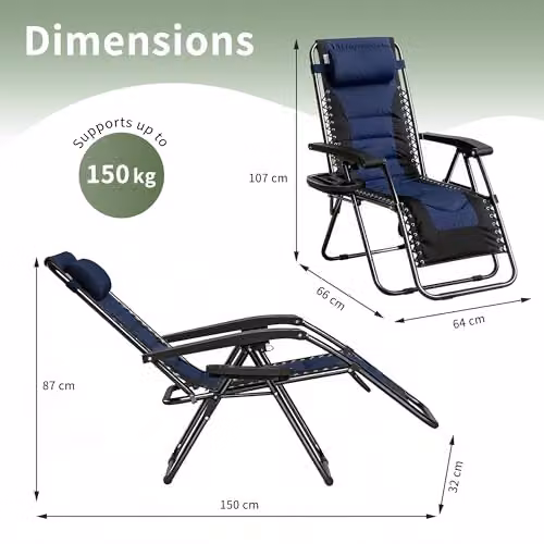 MCC Direct Set of 2 Zero Gravity Reclining Sun Lounger Chairs in Black and Blue Oxford Fabric – 3