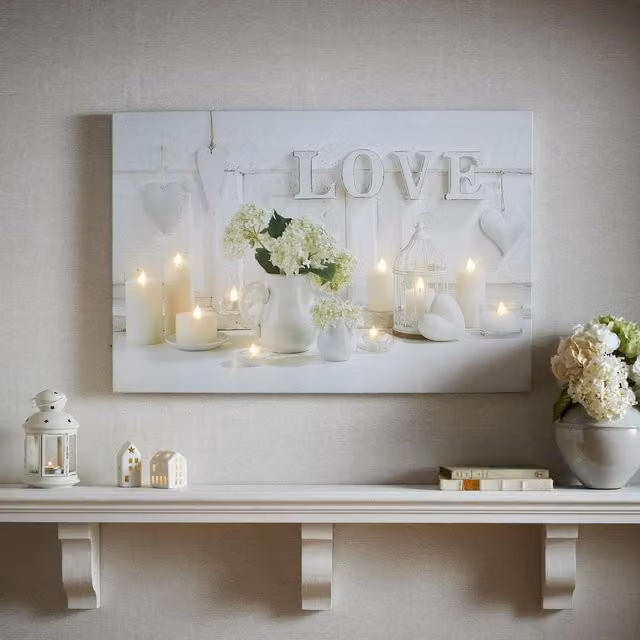 Art for the Home Hearts and Love LED Printed Typography Canvas in White and Green