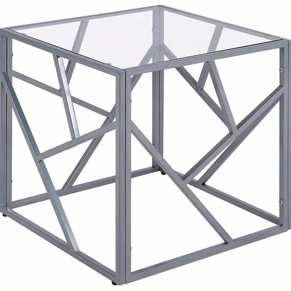 Wyld and Coco Modern Square Side Table with Transparent Glass Top and Silver Geometric Iron Base – 2