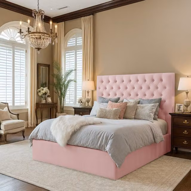 Desire Deco Sterling Upholstered Velvet Bed Frame in Pink, Superking (200 x 200 cm)