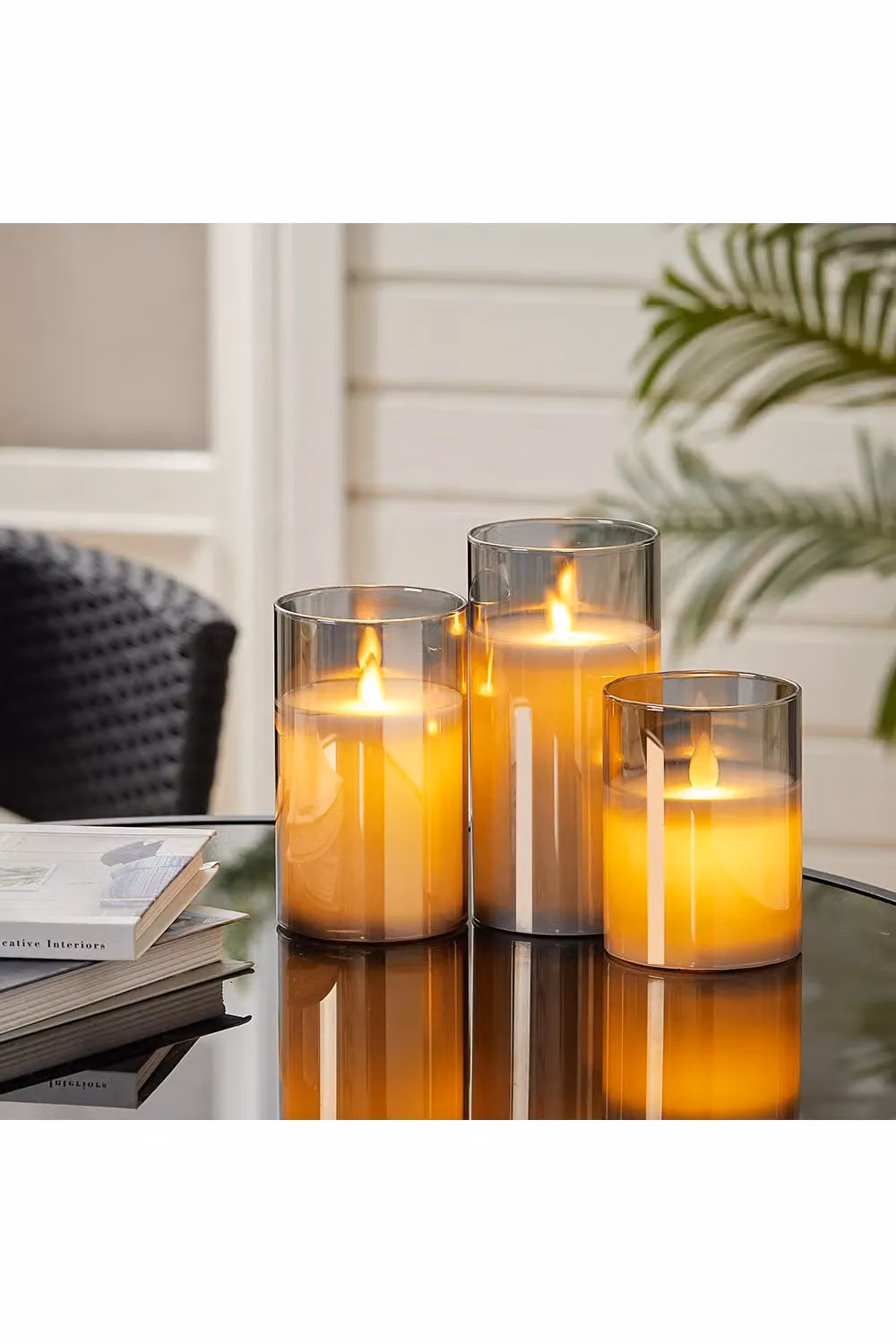 Living and Home 3-Piece Grey Glass Flameless LED Pillar Candle Set with Remote Control – 2