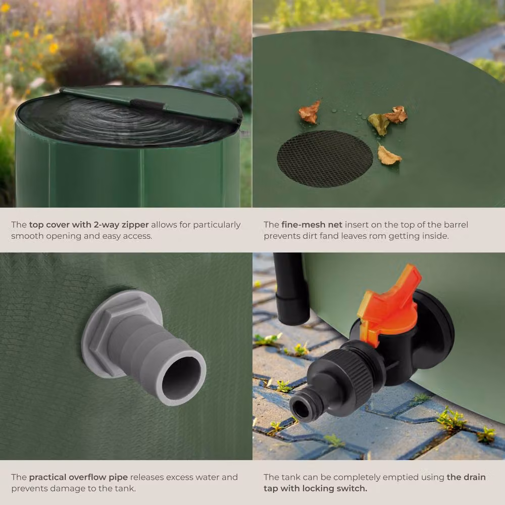 tectake Green Rain Barrel with Tap and Overflow Protection, 380 l – 4