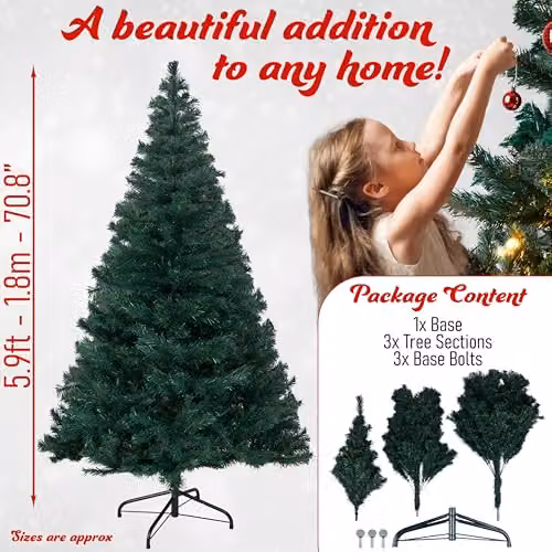 Deco Express Realistic Artificial Green Christmas Tree with Stand, H: 180 cm, W: 25.4 cm, D: 25.4 cm – 6