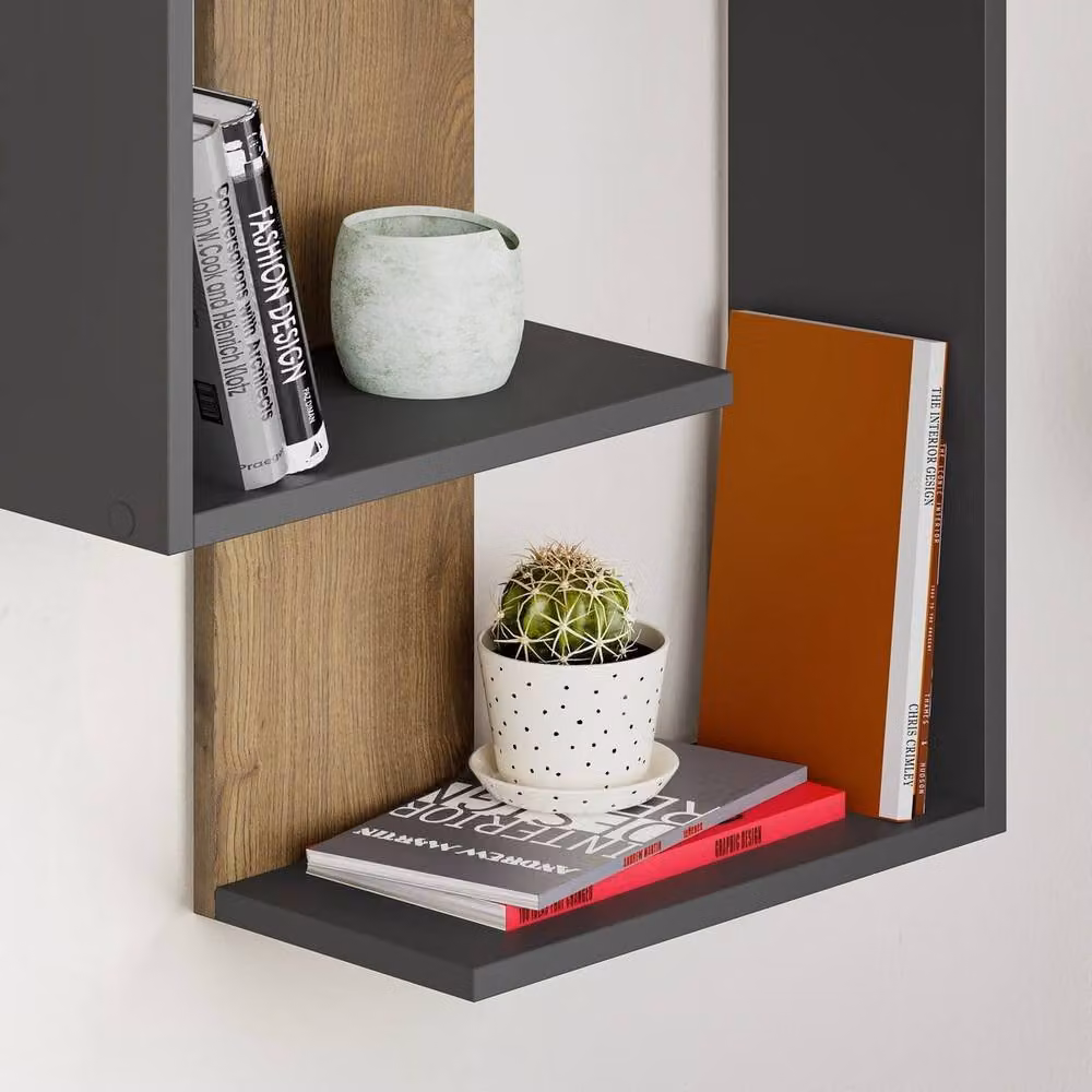 CALICOSY Wall Mounted Shelf in Oak and Anthracite Grey, Height: 85 cm – 3