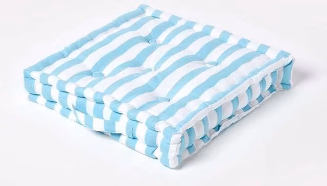 Homescapes Cotton Thick Stripe Floor Cushion in Blue and White, W/D/H: 50 x 50 x 10 cm