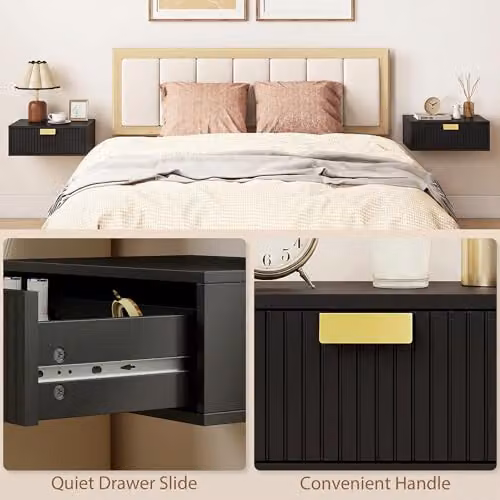 HOMCOM Set of 2 Modern Floating Nightstands in Black, W/D/H: 40 x 30 x 15 cm – 6