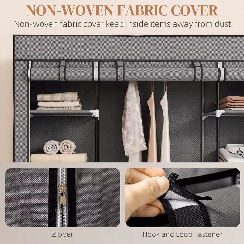 SPETLEK Grey Fabric Wardrobe with 10 Shelves and Hanging Rod, Foldable Metal Closet, H 162.5 cm x W 150 cm x D 60 cm – 6