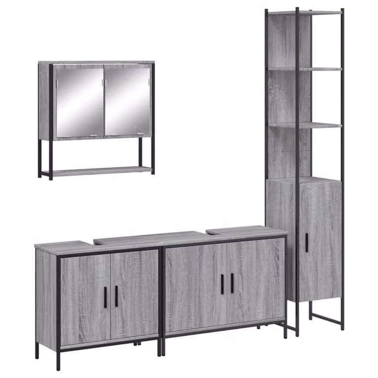 Berkfield Home 4 Piece Grey Bathroom Furniture Set with Mirror Cabinet, Vanity Unit and Tall Cabinet