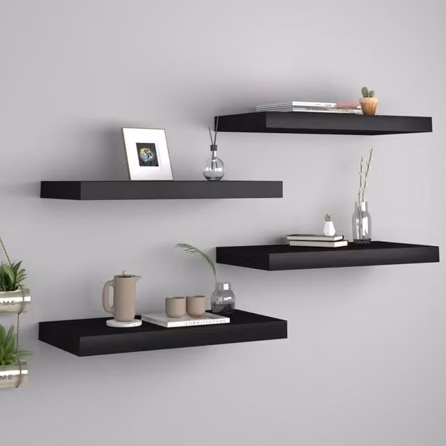 Berkfield Home Set of 4 Black Floating Wall Shelves, W: 50 cm, D: 23 cm, H: 3.8 cm – 1