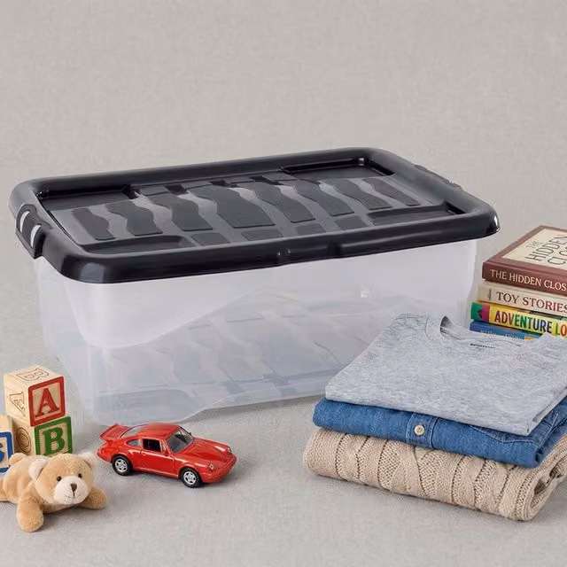 Storm Trading Group 24L Curved Plastic Storage Box with Black Lid, Stackable and Transparent