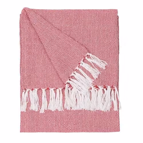 Riva Home Dessa Throw, Pink Woven Geometric Fringed Blanket, W: 130 cm, L: 180 cm – 1