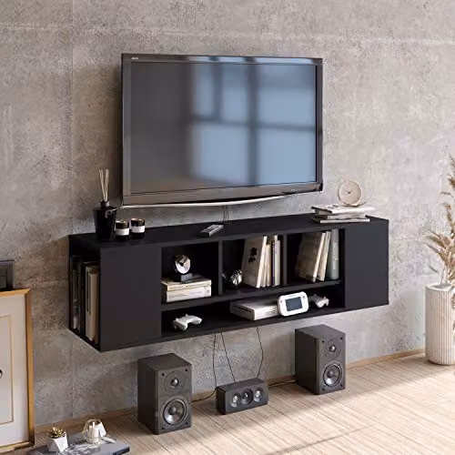 DECOROTIKA Paldi Floating TV Stand Black Matt Wall Mount Entertainment Unit and Multimedia Storage Shelf – 2