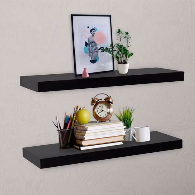 Berkfield Home Black Lacquered Floating Wall Shelves, 2 Pack, W: 80 cm, D: 20 cm, H: 3.8 cm