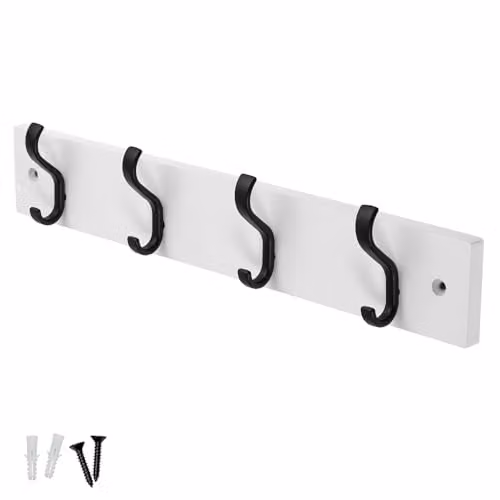 keypak Wall-Mounted Wood Coat Rack with 4 Matt Black Hooks, Width: 38 cm, White