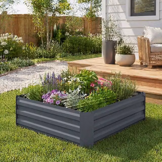 STILVORA Set of 2 Steel Raised Garden Beds in Grey, W/D/H: 100 x 100 x 30 cm