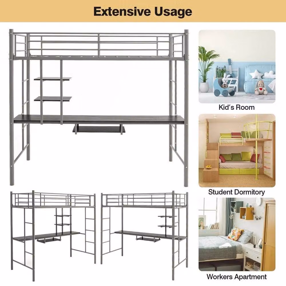 PAWNORA Single Metal Loft Bed Frame in Grey, W/D/H: 90 x 190 cm – 2